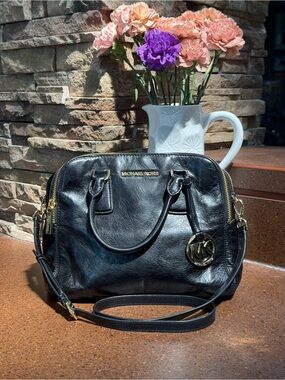 Michael Kors Black Leather Satchel with Gold-Tone Hardware